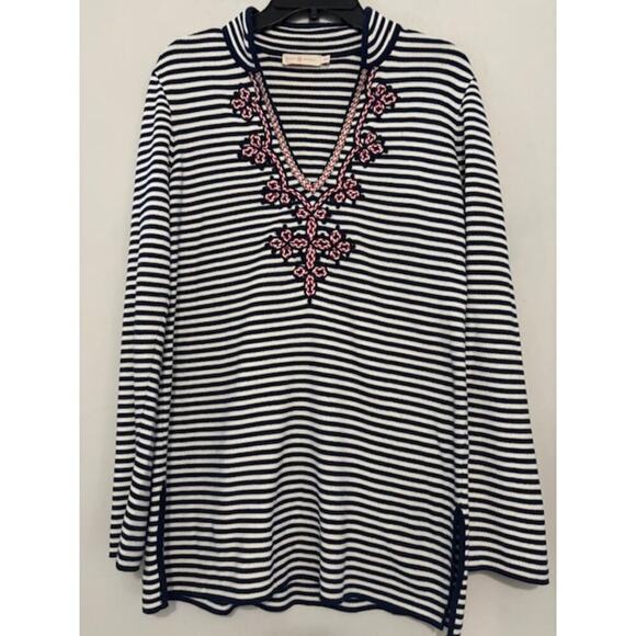 Tory Burch Nautical Resort Blue White Striped Cotton Tunic Medium Preppy Beach - Picture 2 of 8